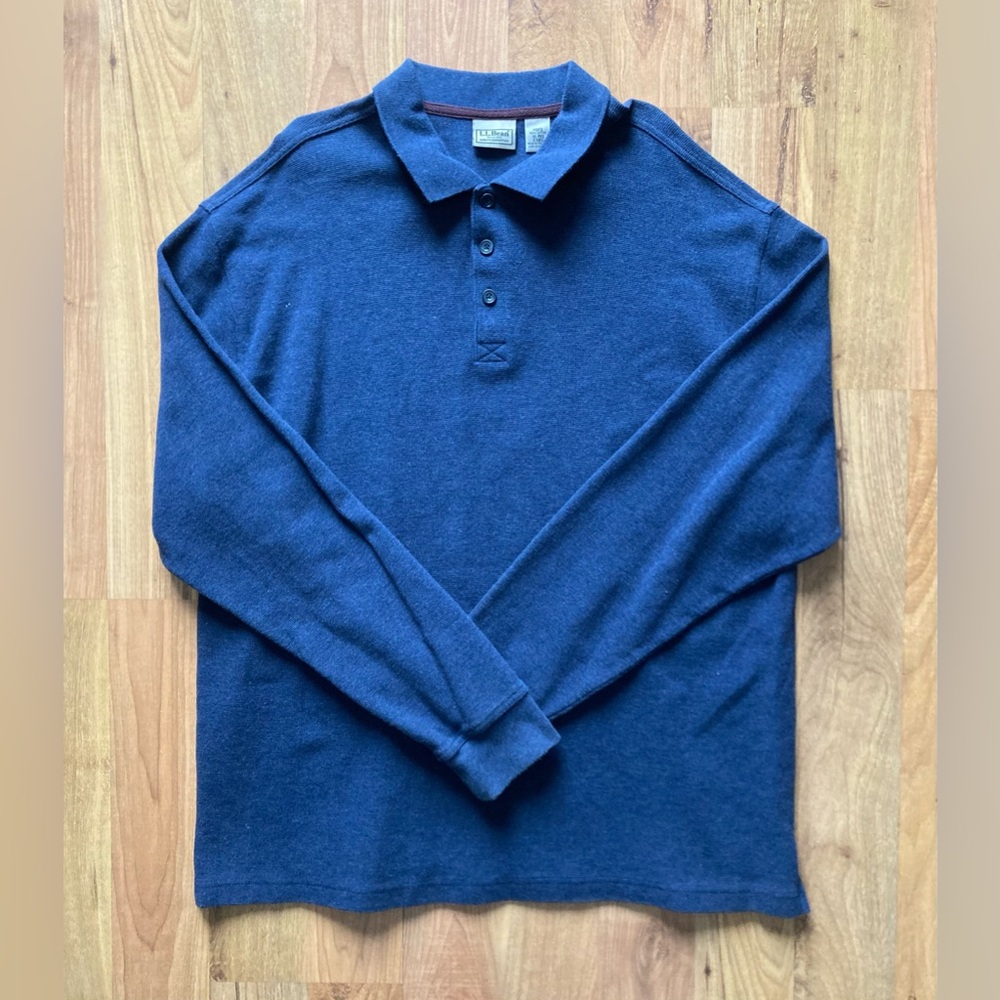 LL Bean Mens XL 100% Cotton Long Sleeve Thermal Waffle Blue Polo Shirt